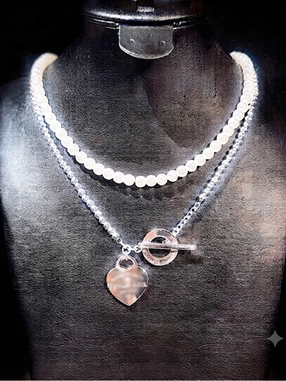 Silver Heart Toggle Necklace - White Beaded Double Layer